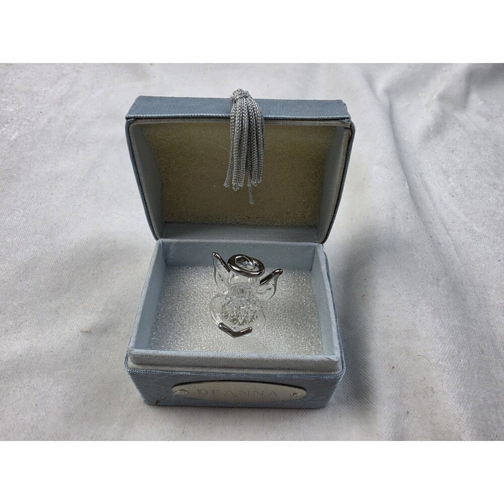 Blue Fabric Floral Trinket Box with Glass Figurine Elizabeth, Silver Accents